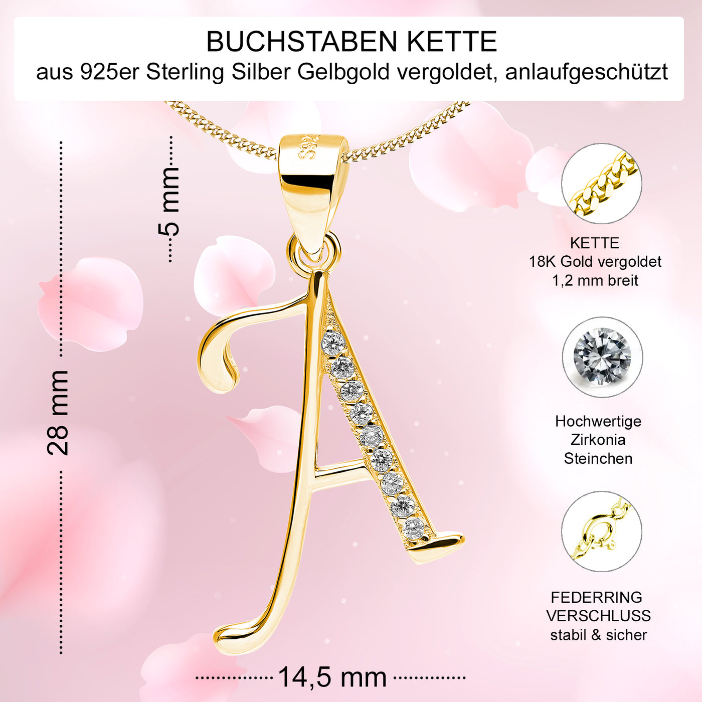 Buchstabenkette A aus vergoldetem 925er Silber