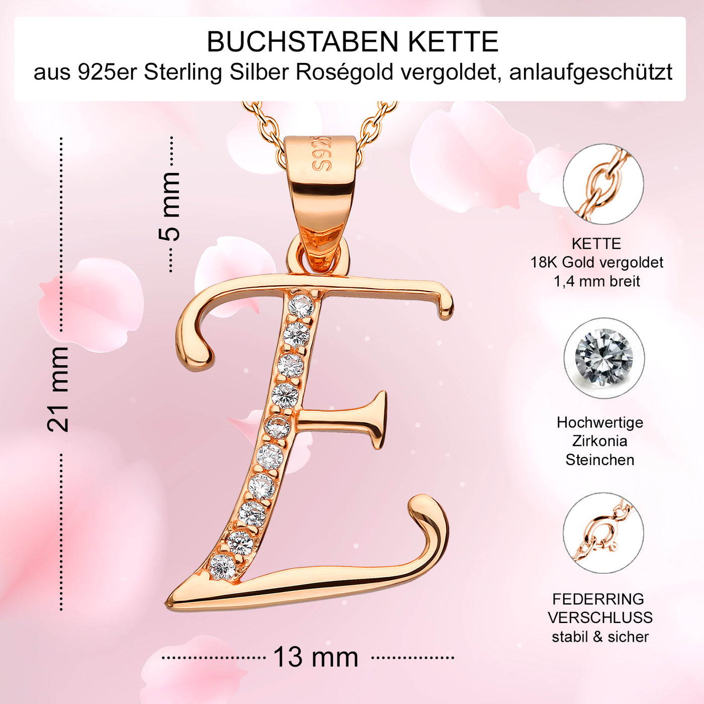 Kette mit Buchstabe E Silber 925 Rosegold