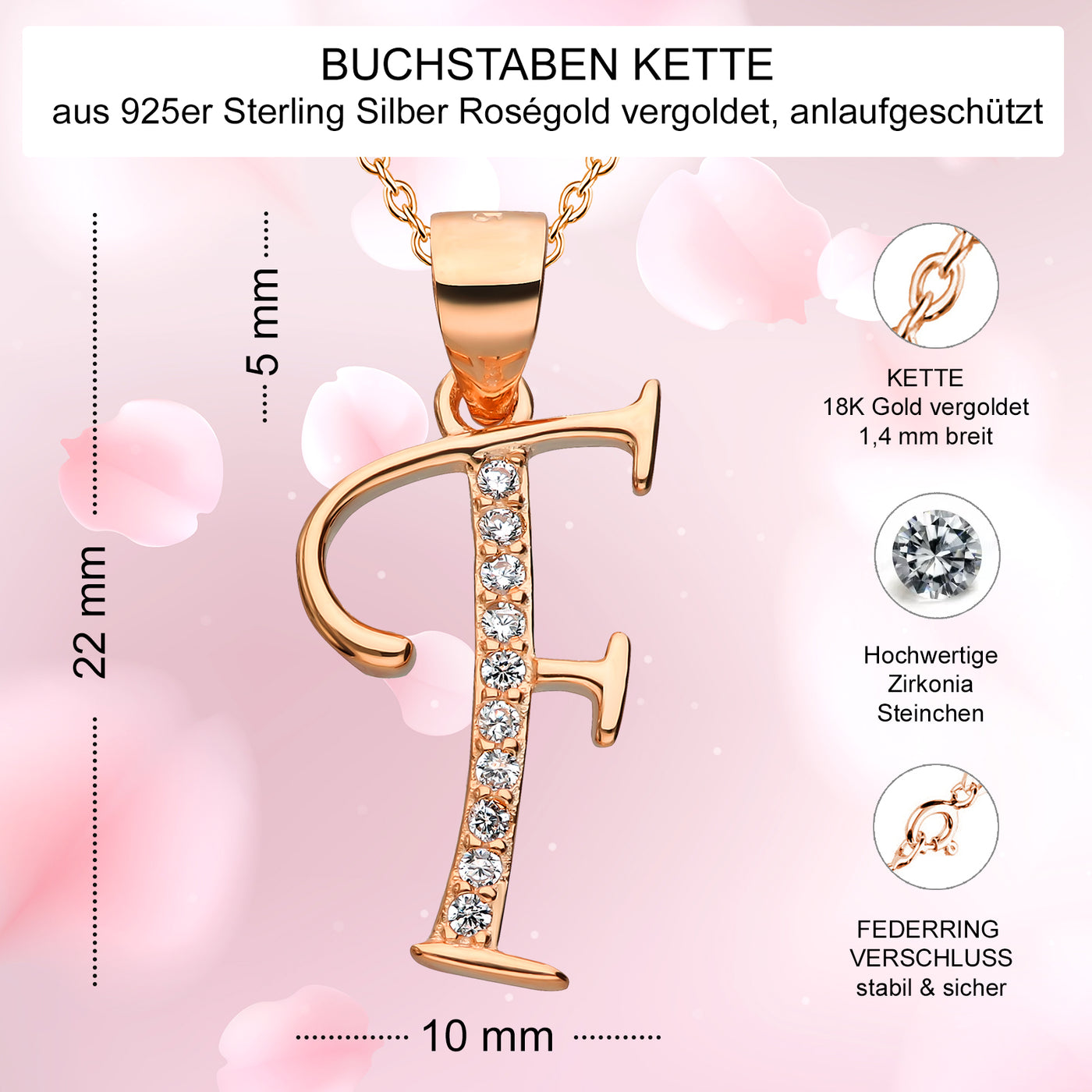 Kette mit Buchstabe F Silber 925 Rosegold