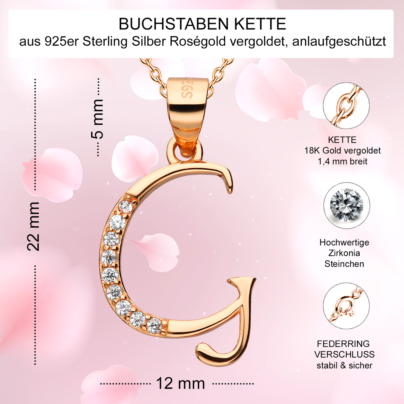 Goldene Kette Buchstabe G Silber 925 Rosegold