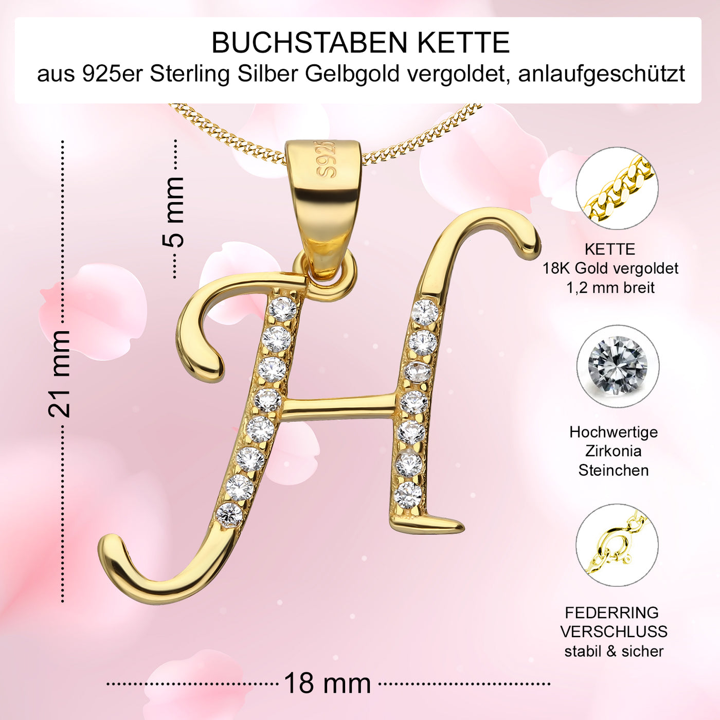 Buchstabenkette H 925er Silber Goldene Kette