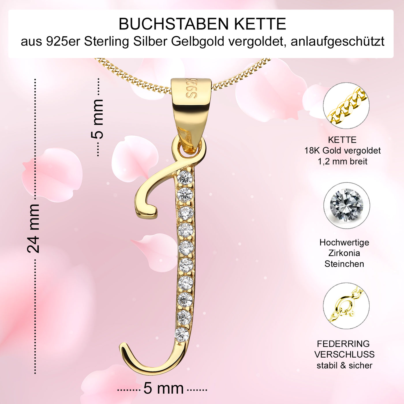 Buchstabenkette J 925er Silber Goldene Kette