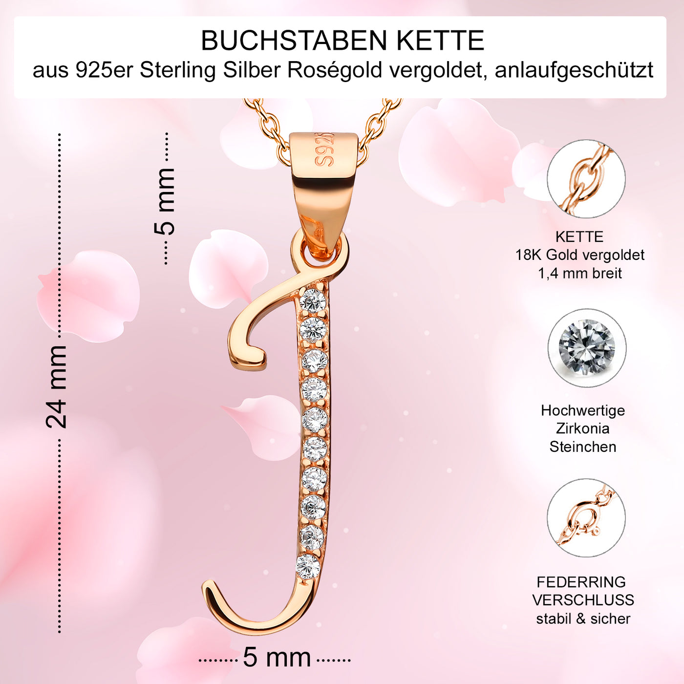 Kette mit Buchstabe J Silber 925 Rosegold