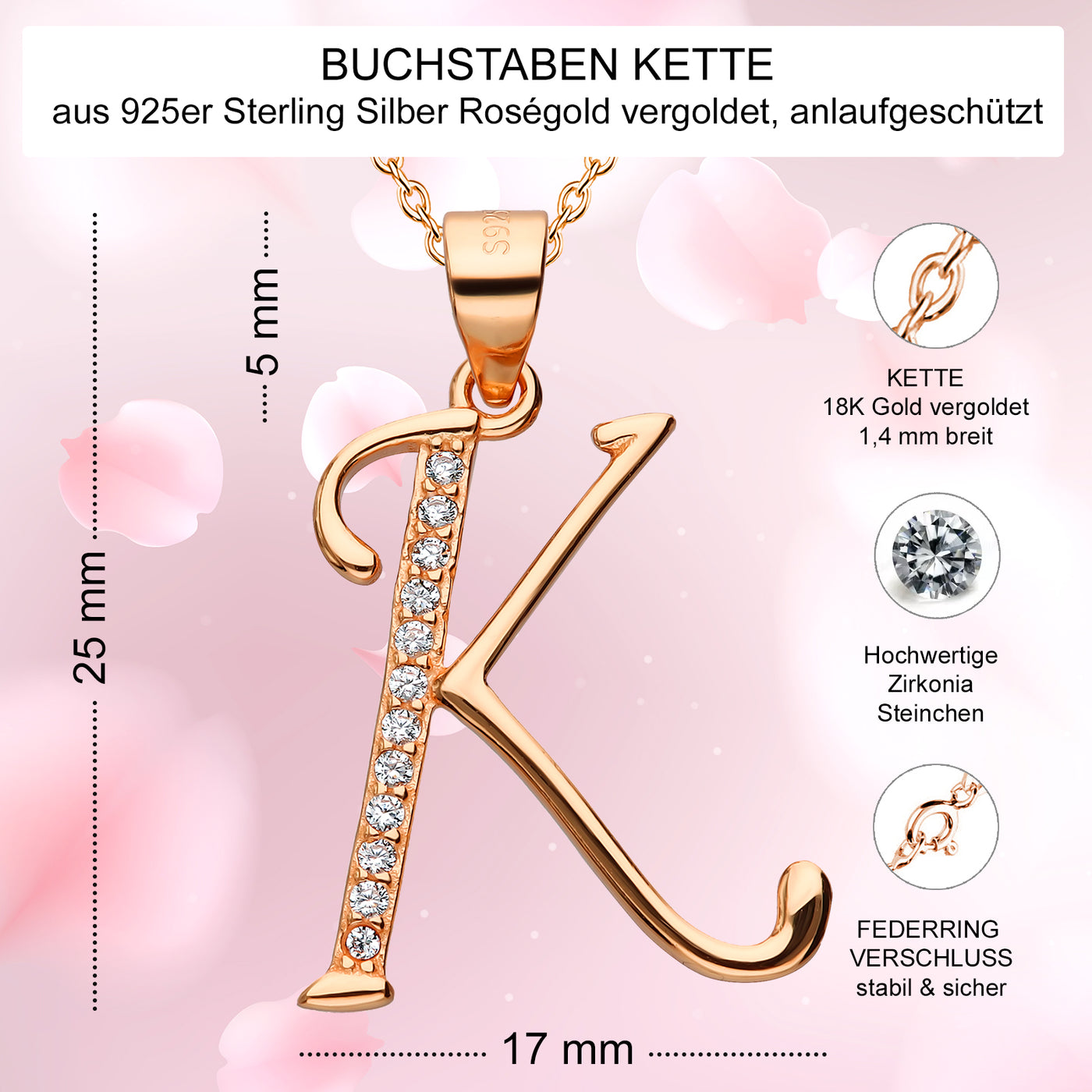 Kette mit Buchstabe K Silber 925 Rosegold
