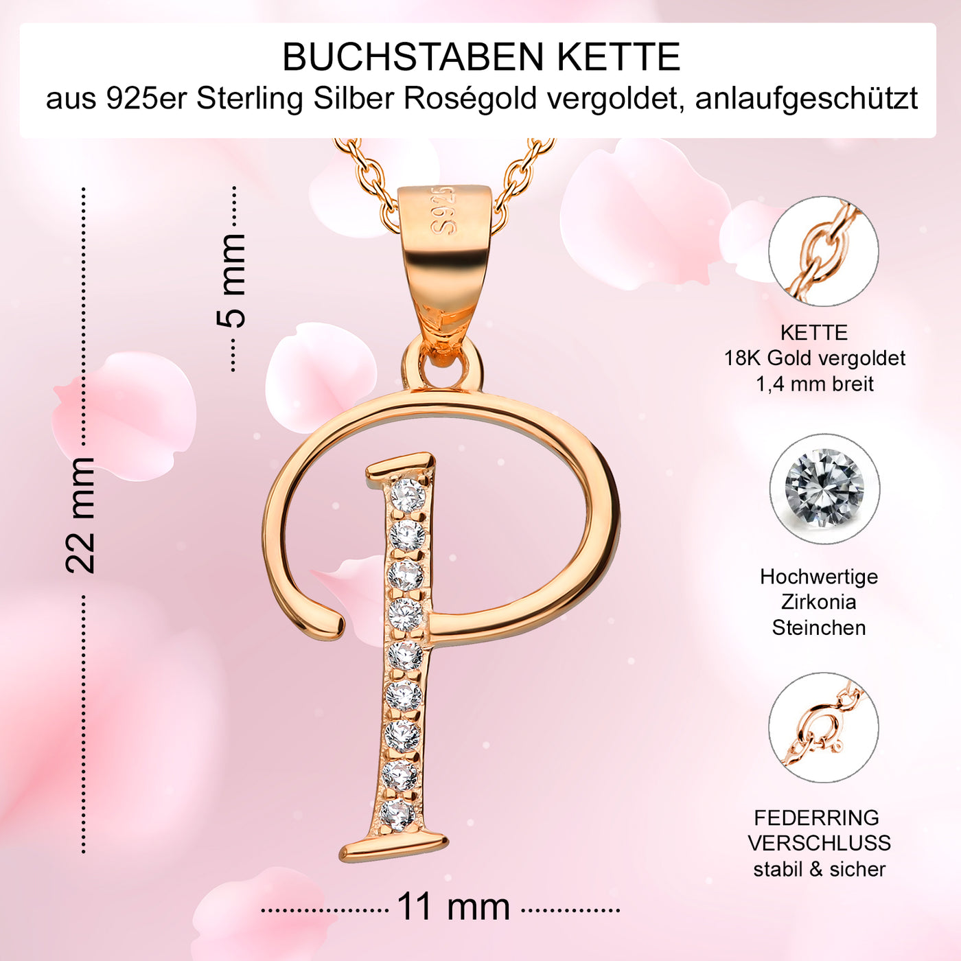 Kette mit Buchstabe P Silber 925 Rosegold