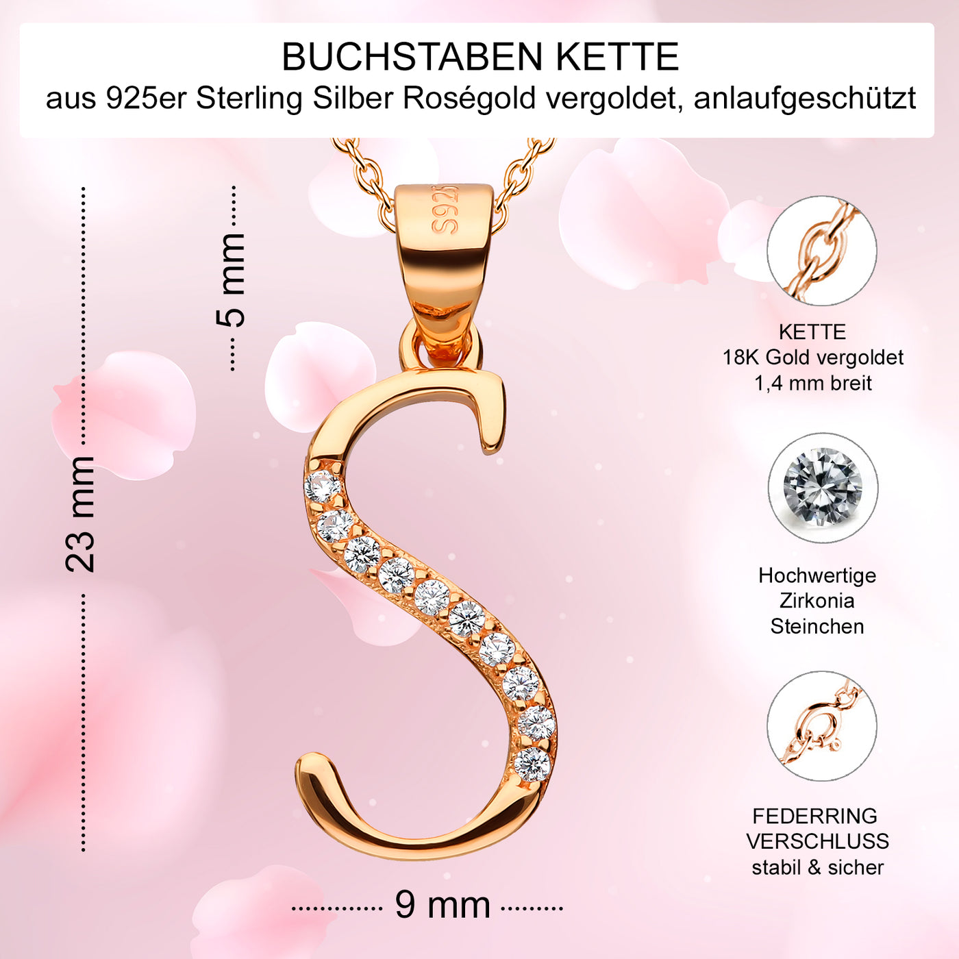 Kette mit Buchstabe S Silber 925 Rosegold