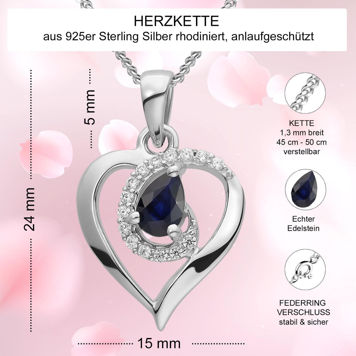 Echte Saphir Herzkette 925er Sterlingsilber