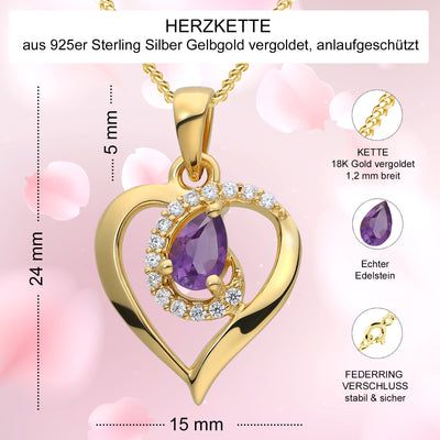 925 Silber Herzkette mit echtem Amethyst