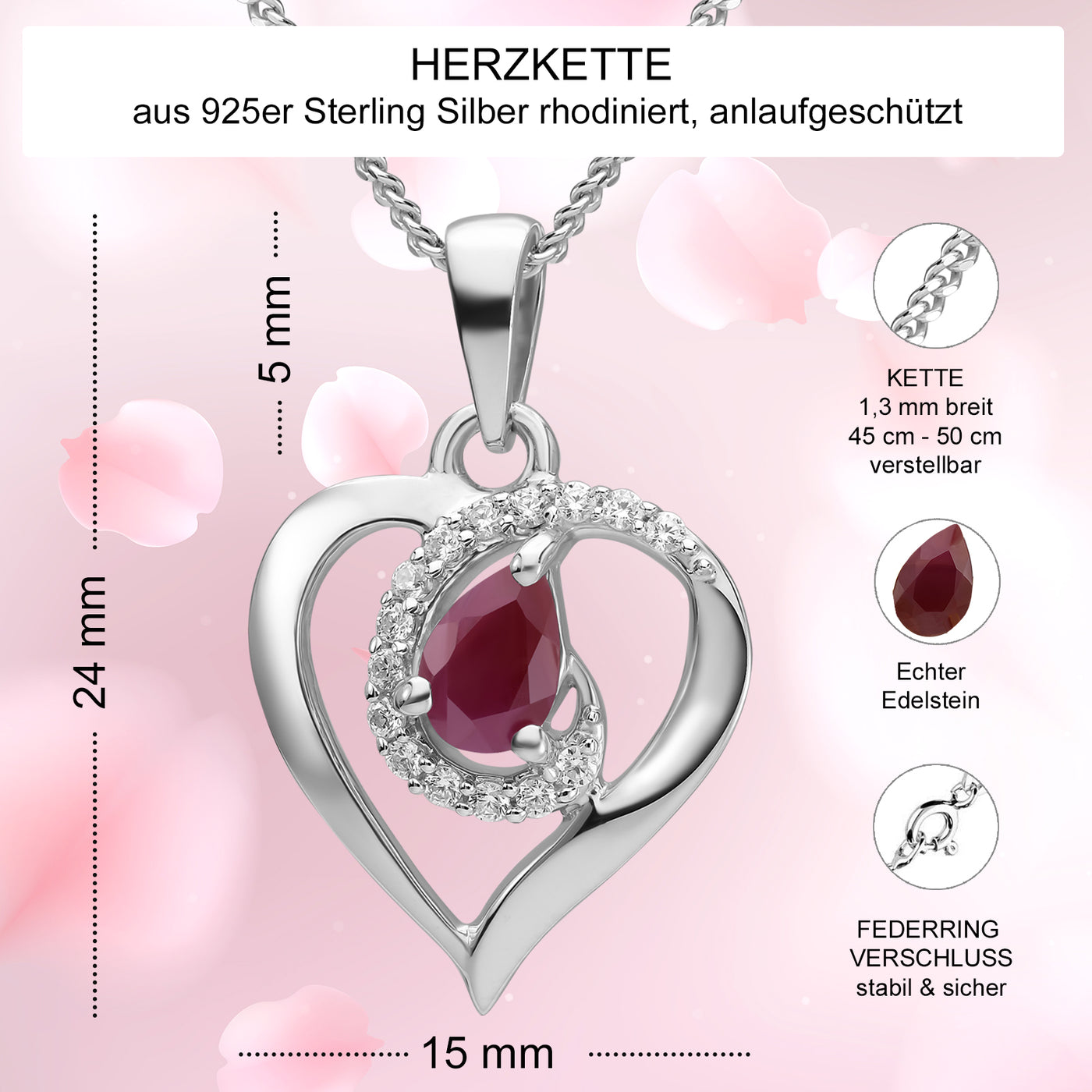 Herzkette mit echtem Rubin 925er Silber