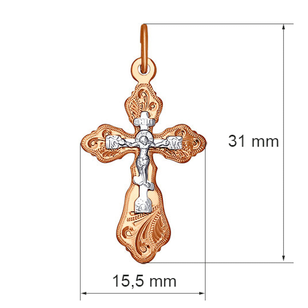 Kreuz mit Gravur Rot und Weißgold 585 Russisches Goldschmuck